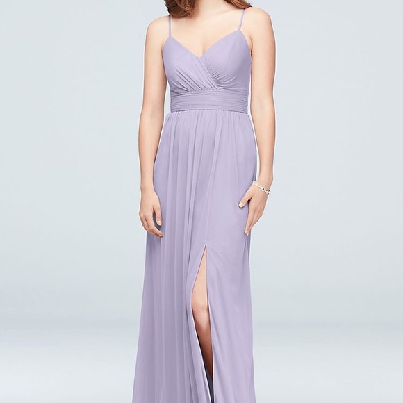 spaghetti strap ruched waist mesh bridesmaid dress